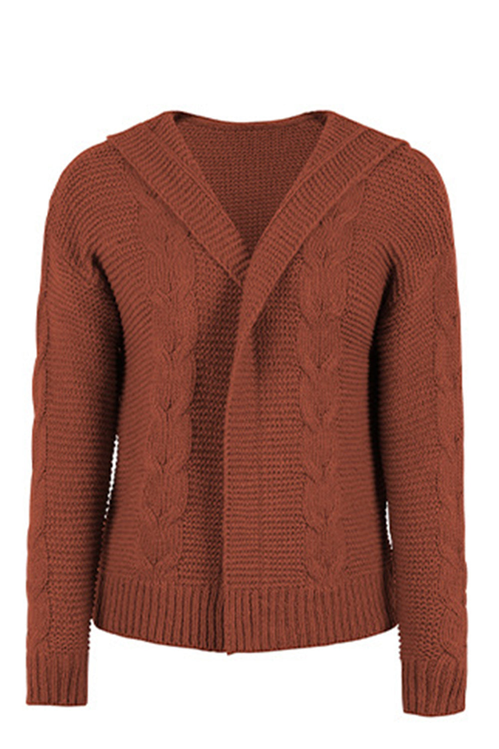 Cable-Knit Dropped Shoulder Hooded Cardigan in brown with cable-knit pattern and open front design.