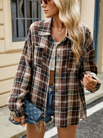 Plaid Collared Neck Long Sleeve Shirt Trendsi