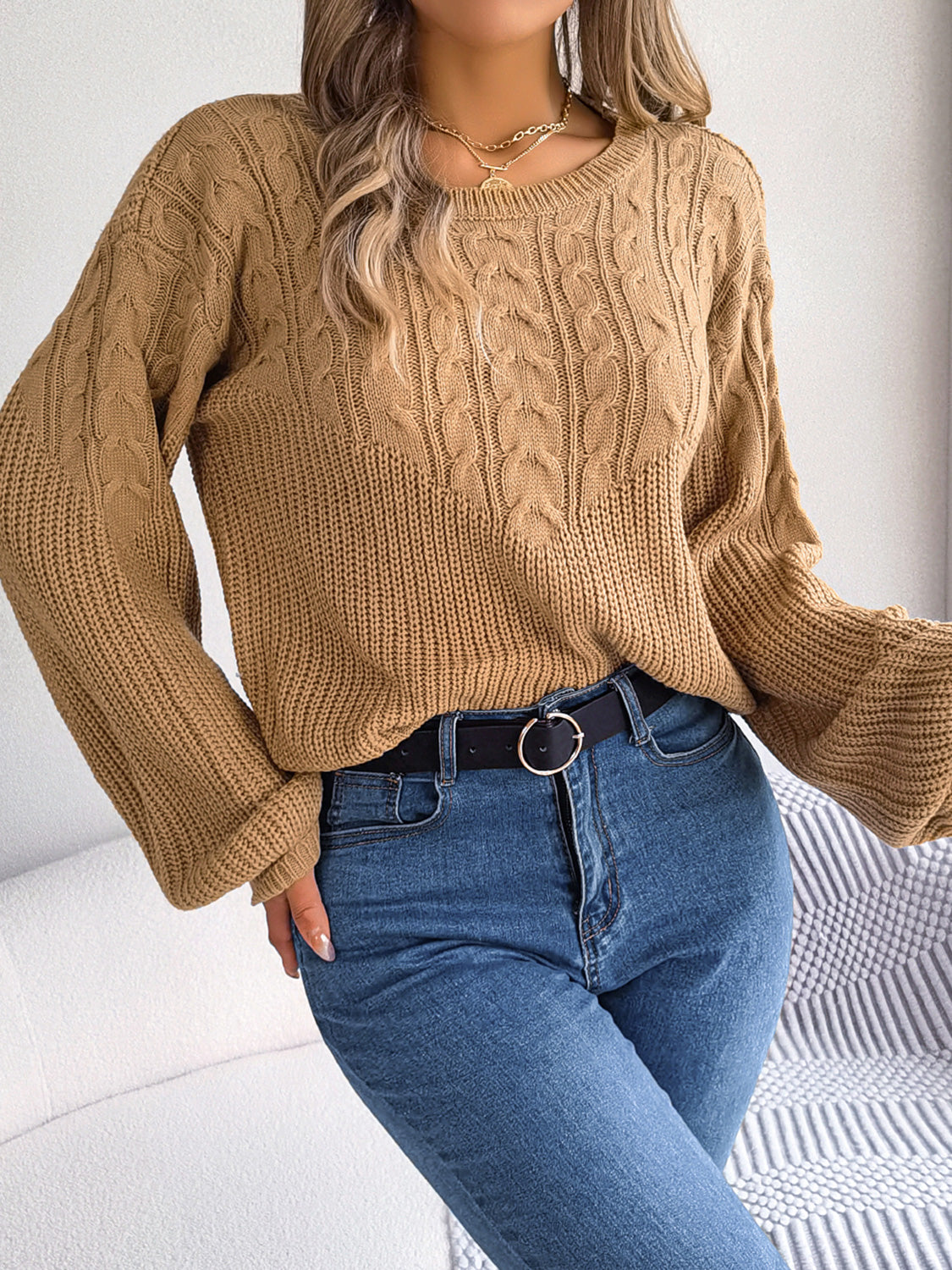 Cable-Knit Round Neck Drop Shoulder Sweater Trendsi