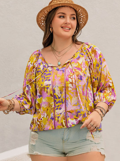 Plus Size Printed Tie Neck Blouse Trendsi