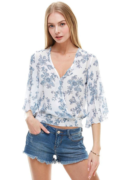 LONG SLEEVE SURPLICE FLORAL TOP Indigo Arrowwood