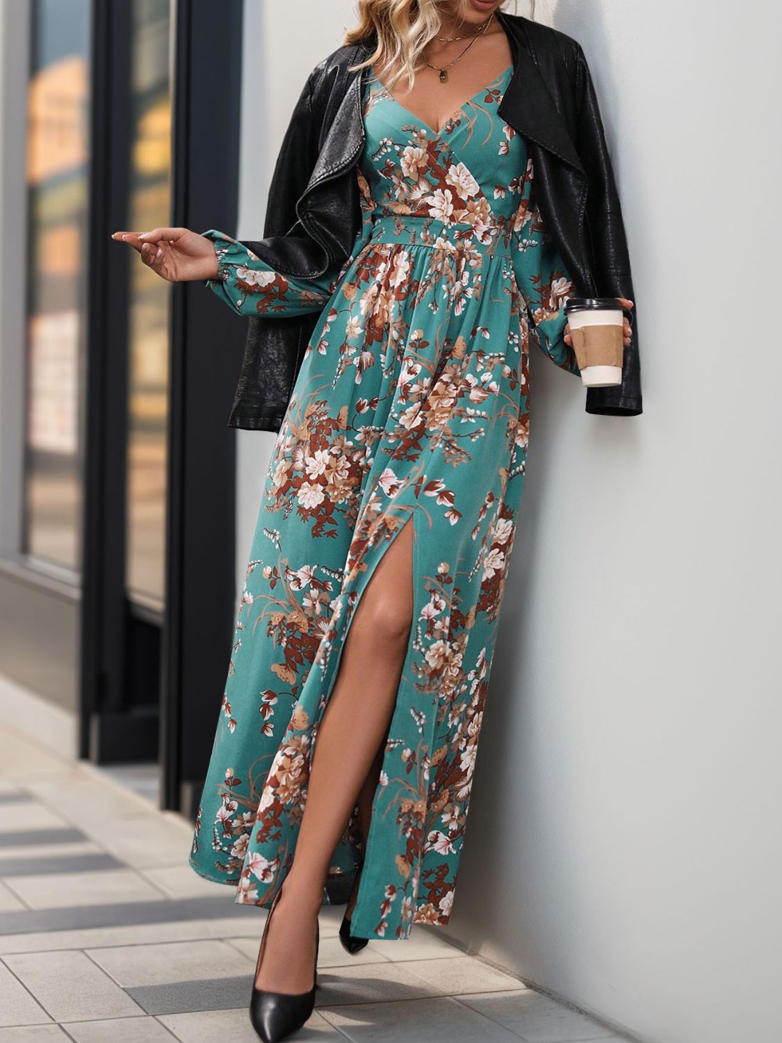 Perfee Slit Printed Surplice Long Sleeve Maxi Dress Trendsi