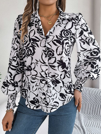 Printed Collared Neck Lantern Sleeve Shirt Trendsi