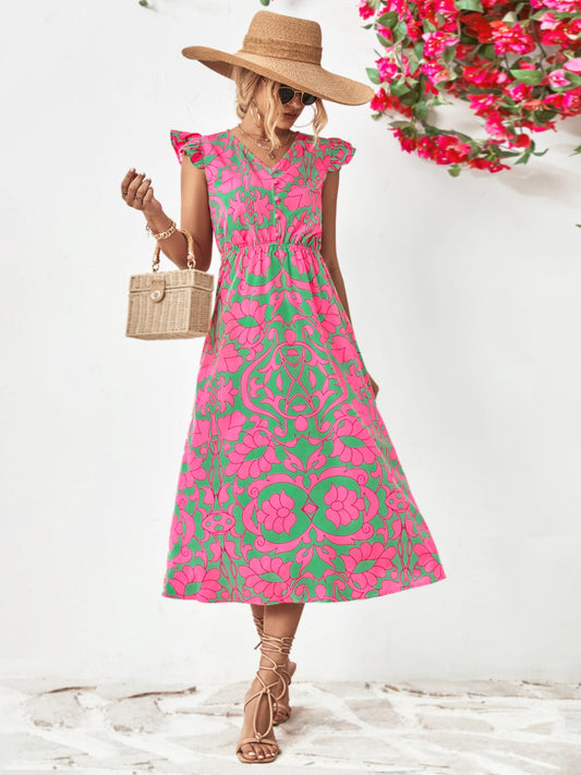 Printed V-Neck Cap Sleeve Dress Trendsi