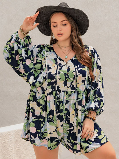 Plus Size Tied Printed Long Sleeve Romper Trendsi