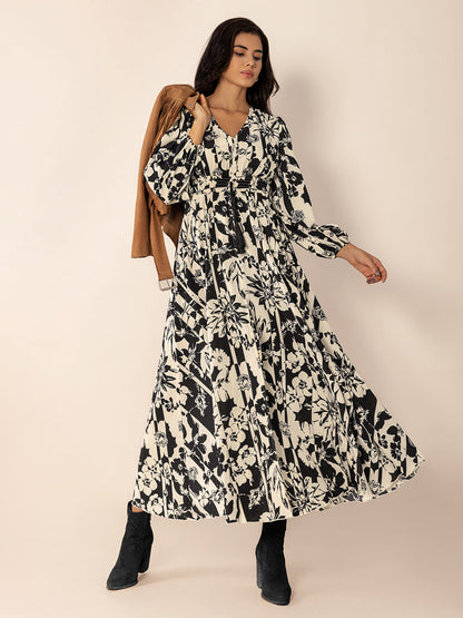 Tied Printed V-Neck Long Sleeve Midi Dress Trendsi