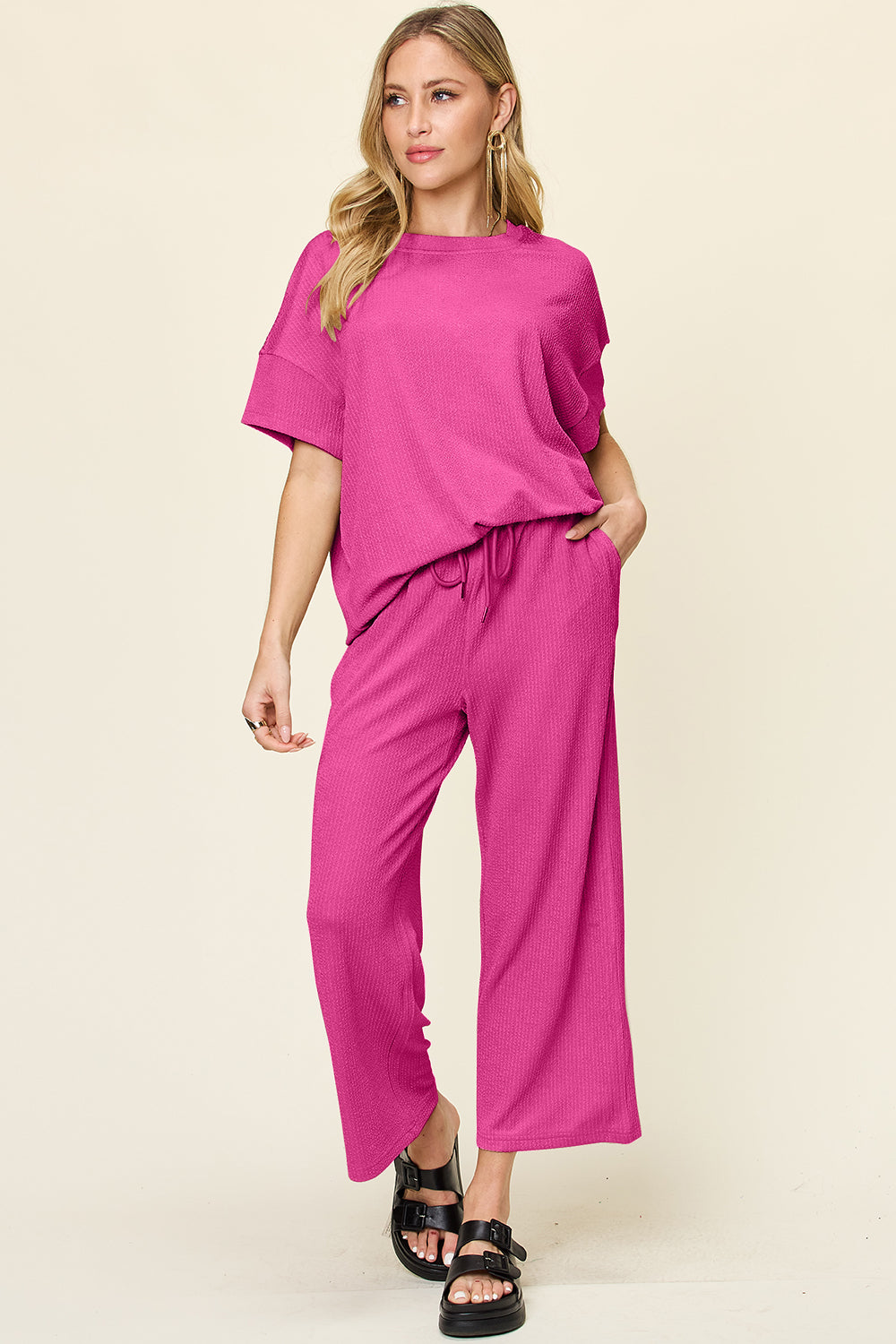 Double Take Full Size Texture Round Neck Short Sleeve T-Shirt and Wide Leg Pants Trendsi