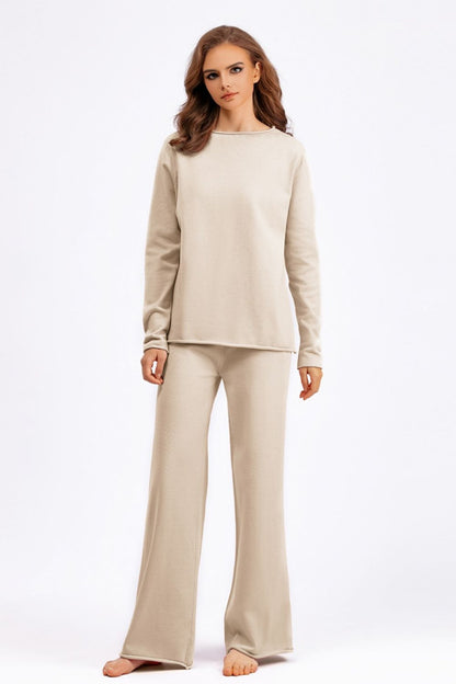 Basic Bae Rolled Round Neck Top and Pants Sweater Set Trendsi