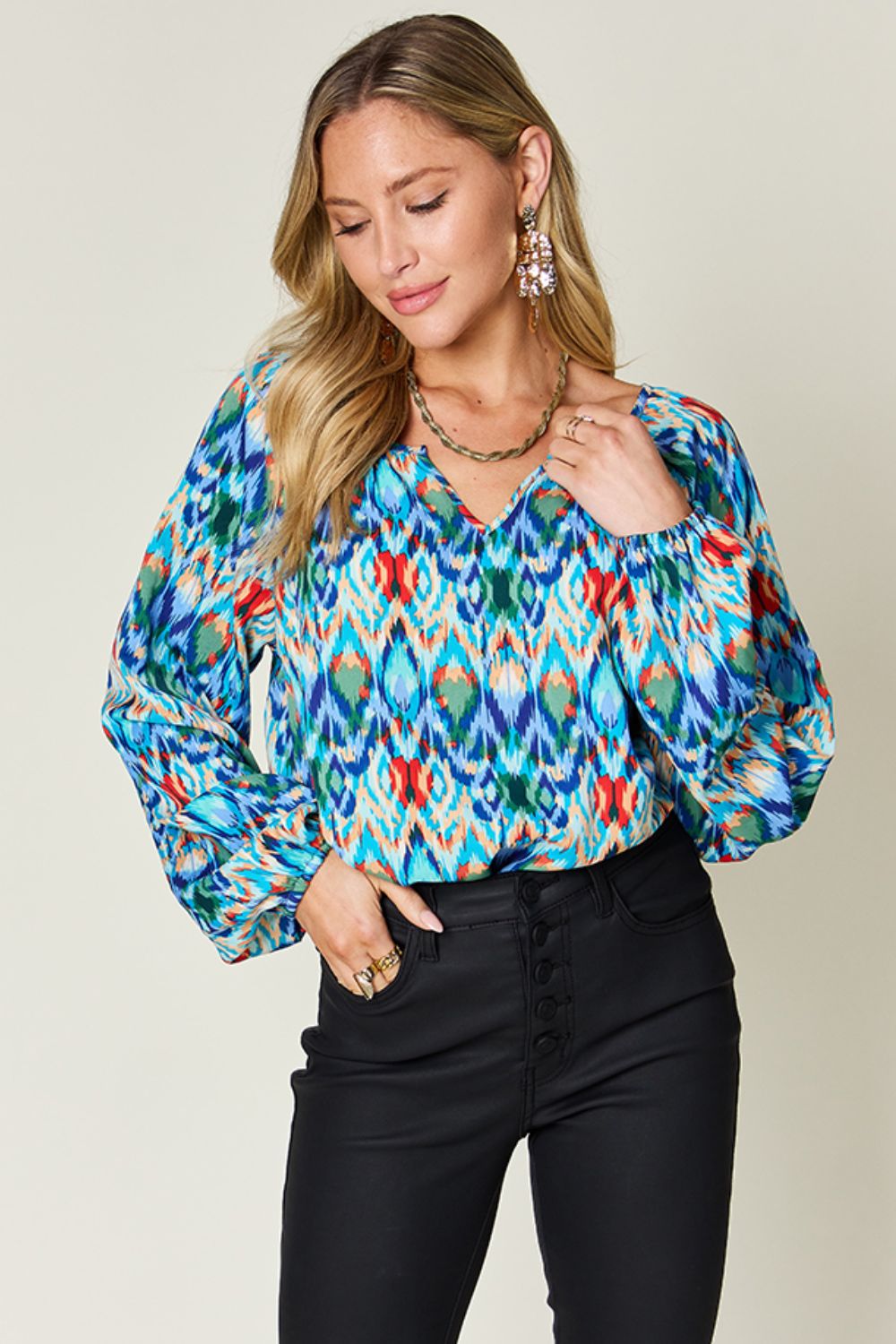 Double Take Full Size Printed Balloon Sleeve Blouse Trendsi