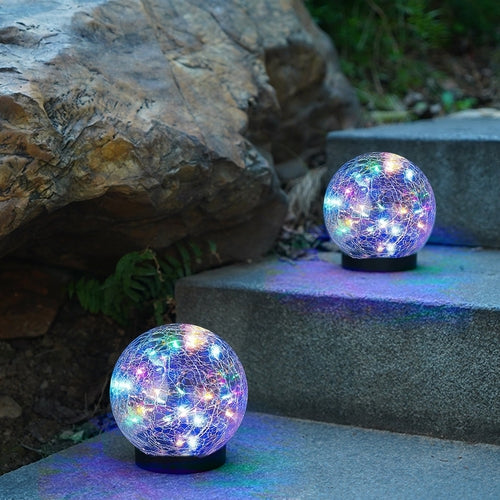 2Pcs Solar Lights Outdoor Garden Decor Cracked Glass Ball Warm Lights Pink Iolaus