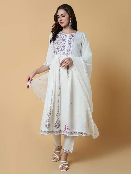 Women Embroidered Suit Set (Size-L) (Color-White) Viridian Pontus