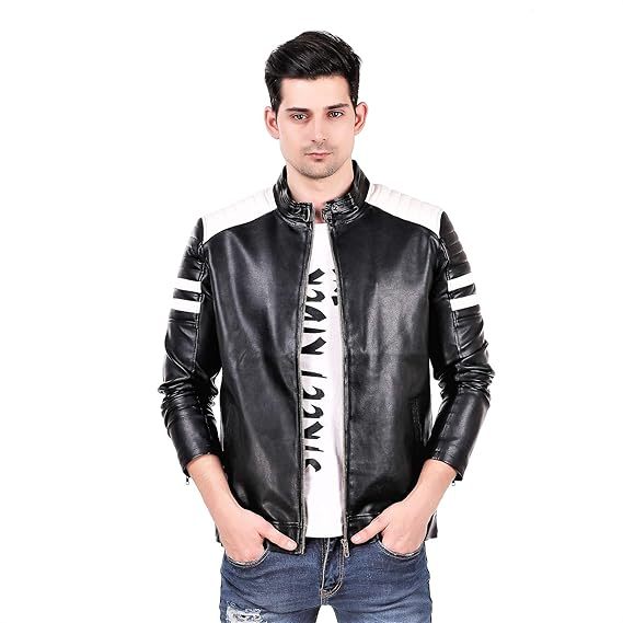 Men's White patch on Shoulder Leather Jacket for Winters (Size-L) Lemon Huckleberry