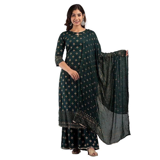 Green Rayon Gold Printed Straight Kurta with Sharara and Dupatta set Olive Huckleberry