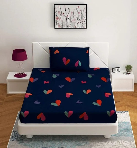 HEART BLUE ELASTIC FITTED SINGLE BEDSHEET (36X78 INCH) WITH 1 PILLOW Peach Eunostus