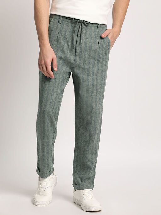 Men Green Vertical Striped Tapered Fit Casual Trouser Yellow Caeneus