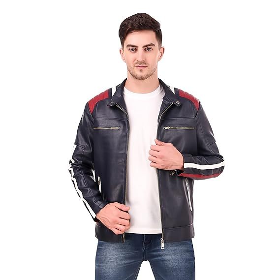 Men's Solid Stripped Design Biker Jacket (Size-M) (Color-BLUE) Lemon Huckleberry