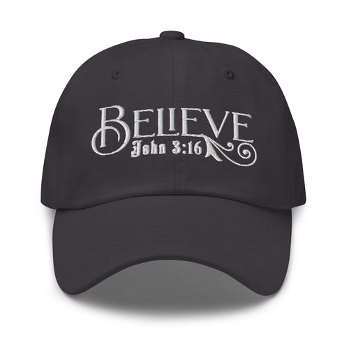 Embroidered Baseball Dad Cap, Believe - John 3:16 Grey Coco