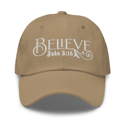 Embroidered Baseball Dad Cap, Believe - John 3:16 Grey Coco