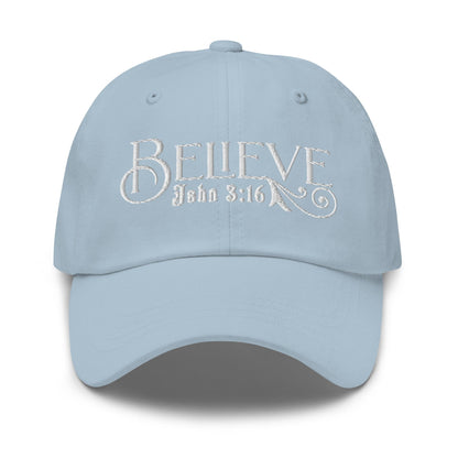 Embroidered Baseball Dad Cap, Believe - John 3:16 Grey Coco