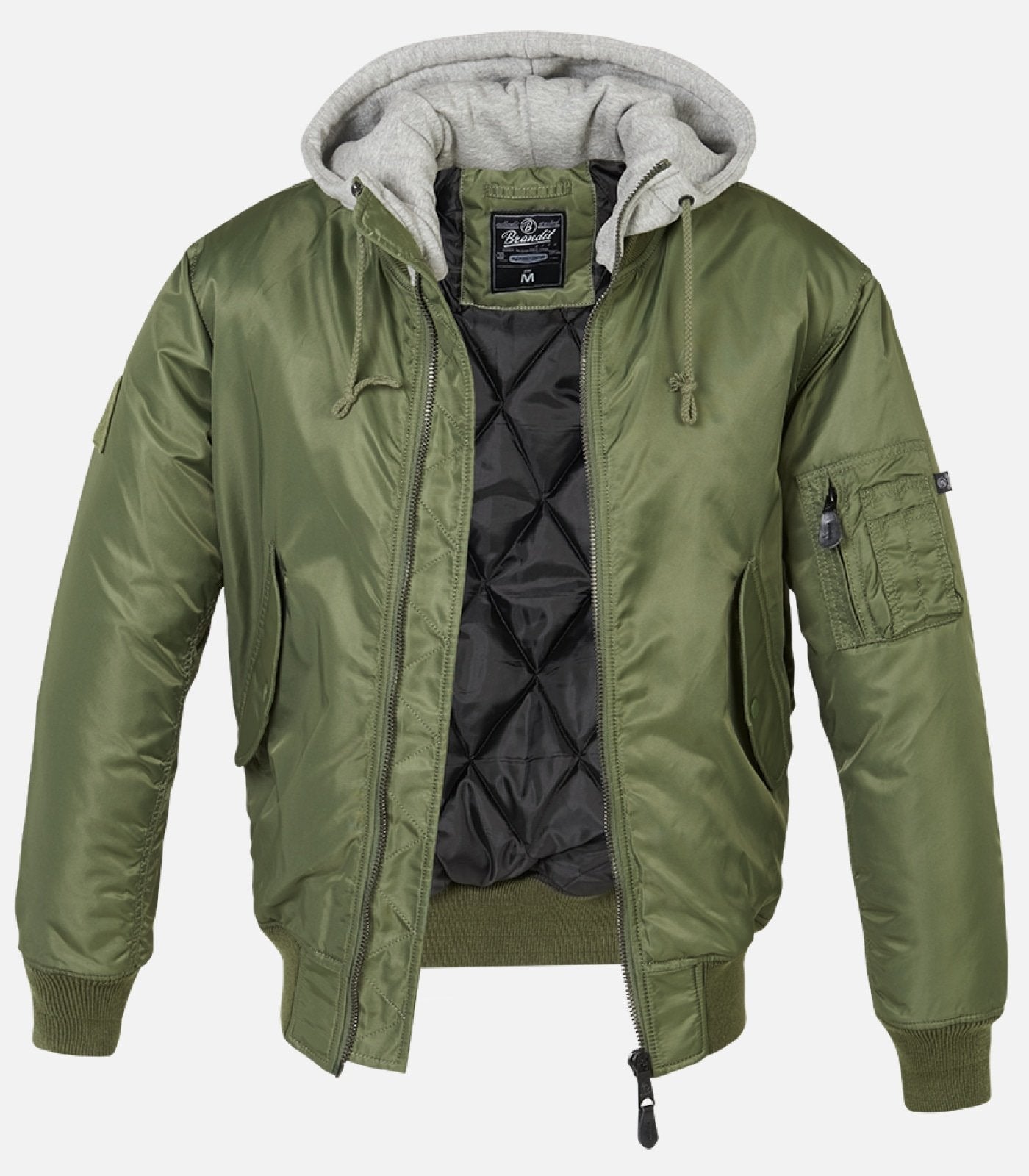 Hooded MA1 Bomber Jacket for men, olive green, with sweat hood and pockets.