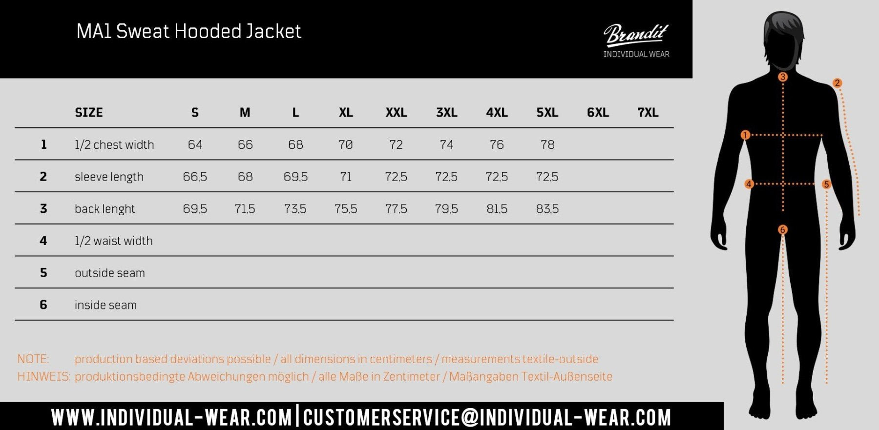 Hooded MA1 Bomber Jacket size chart with measurements in centimeters for different sizes (S to 7XL).