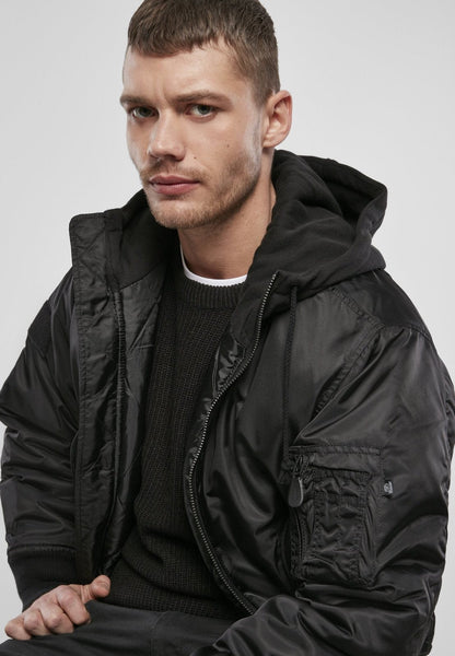 Hooded MA1 Bomber Jacket for men in black, featuring a nylon design with a sweat hood and multiple pockets.