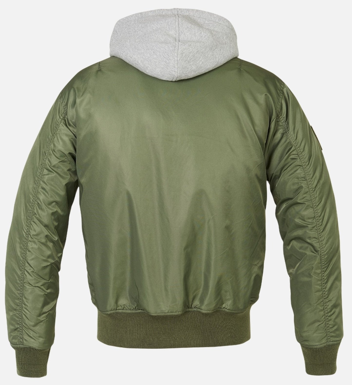 Hooded MA1 Bomber Jacket in green nylon with gray hood, featuring knitted cuffs and a relaxed fit.