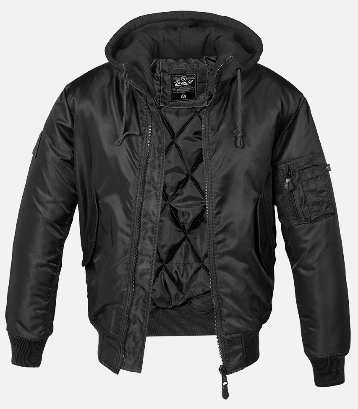 Hooded MA1 Bomber Jacket, men's winter jacket, nylon, insulated, wind and water-repellent, black, with hood, zipper, and pocket detailing.