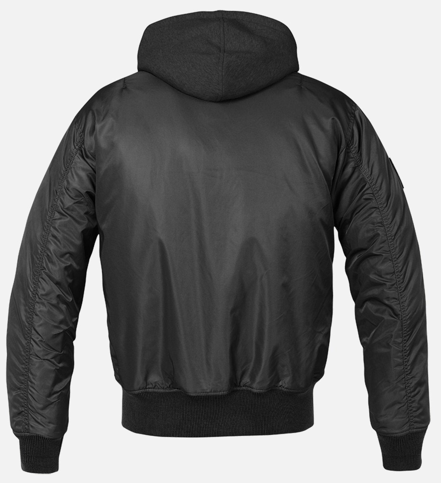 Hooded MA1 Bomber Jacket in black, rear view, showcasing durable nylon and hood with drawstring.