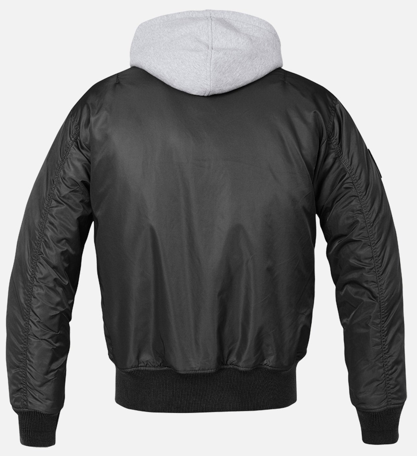 Hooded MA1 Bomber Jacket with black nylon exterior and gray hood.