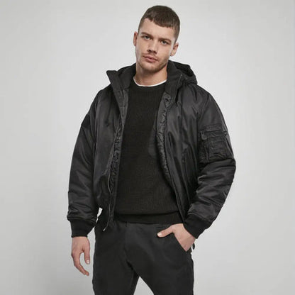 men's hooded MA1 bomber jacket in black nylon with sweat hood and zipper pocket