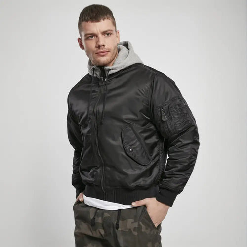 Hooded MA1 Bomber Jacket for men, black nylon, sweat hood, wind and water-repellent, stylish winter outerwear.