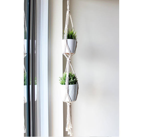 Double Macrame Plant Hanger, Hanging Planter Silver Simba