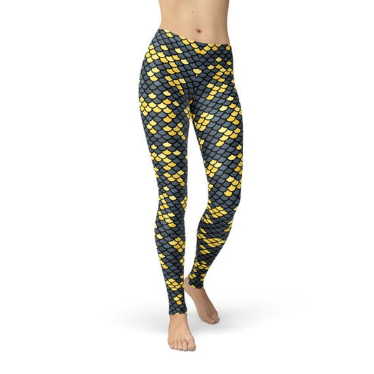 Mermaid Leggings with Dark Gray and Yellow Fish Scales Pattern Print Maroon Sooty