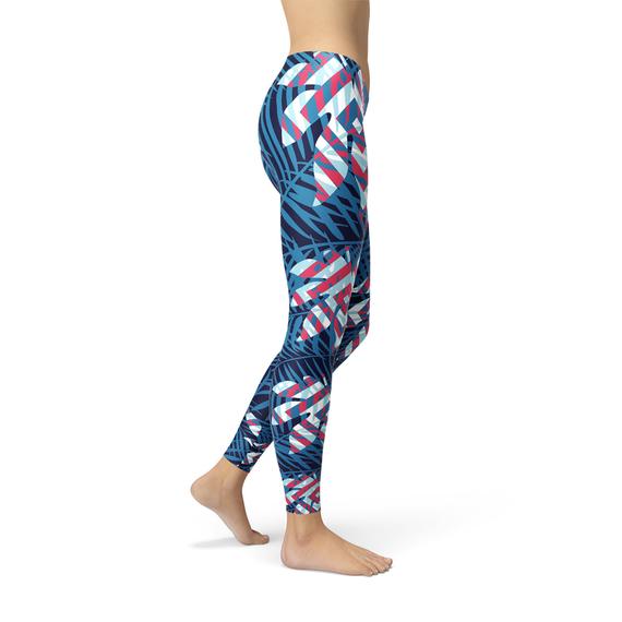 Blue Tropical Leaf Leggings for Women Maroon Sooty