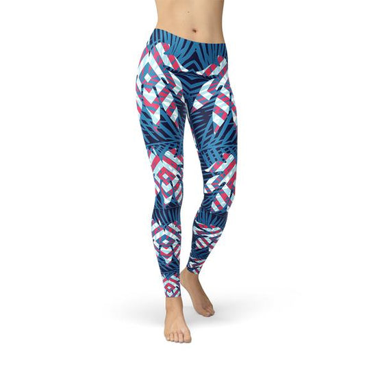 Blue Tropical Leaf Leggings for Women Maroon Sooty