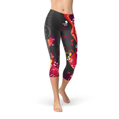 Guitar and Music Note Capri Leggings Maroon Sooty