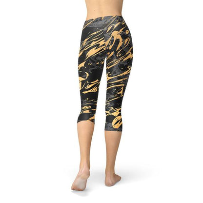 Womens Black Marble w/ Gold Splash Capri Leggings Maroon Sooty