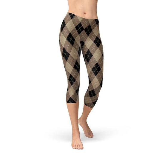 Womens Beige Brown Argyle Capri Leggings Maroon Sooty