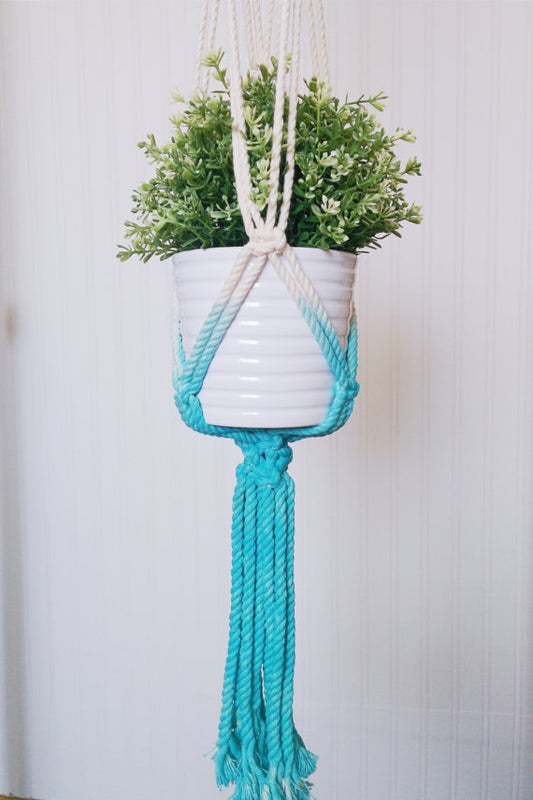 Macrame Plant Hanger, Dip-Dye, Aquamarine Silver Simba