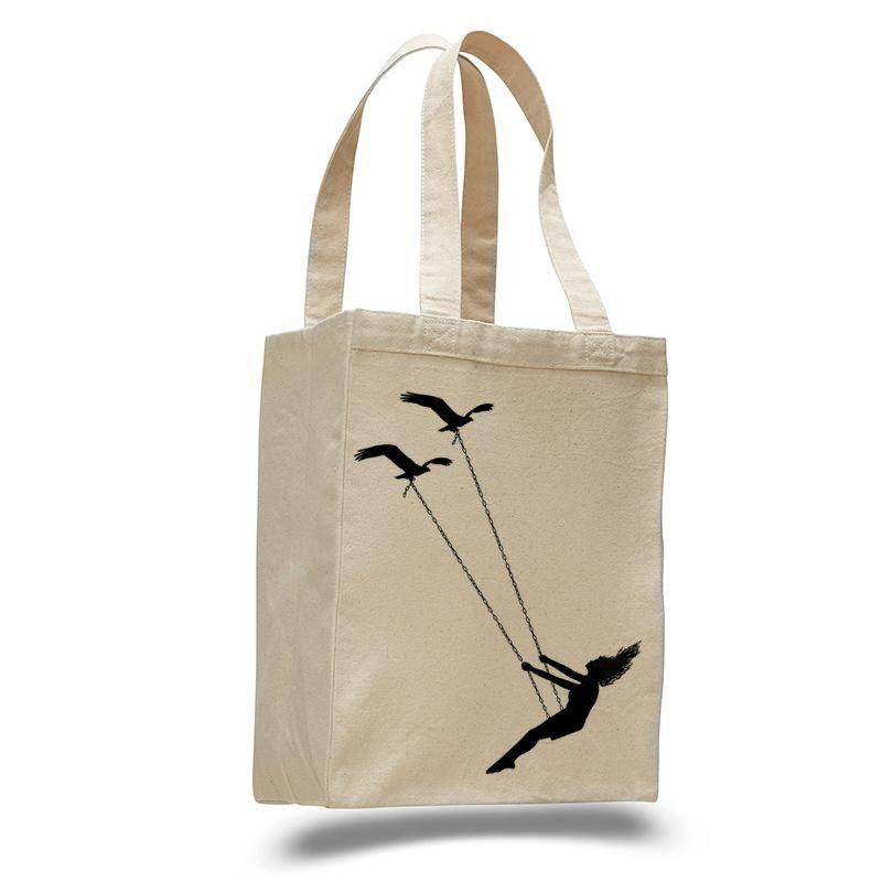 Flying bird swing- cotton canvas natural tote bag Indigo Tiger