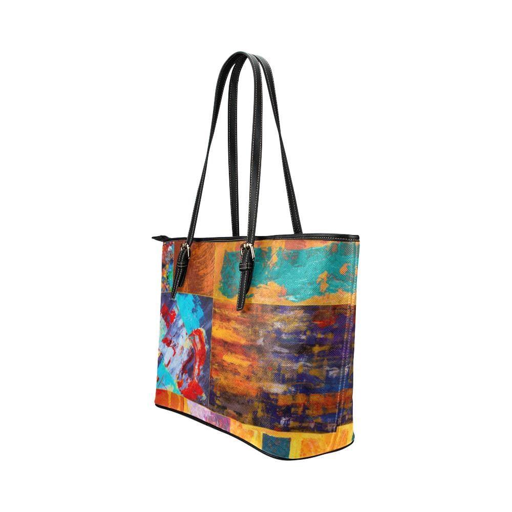 Large Leather Tote Shoulder Bag - Abstract Mixed Color Print Grey Coco