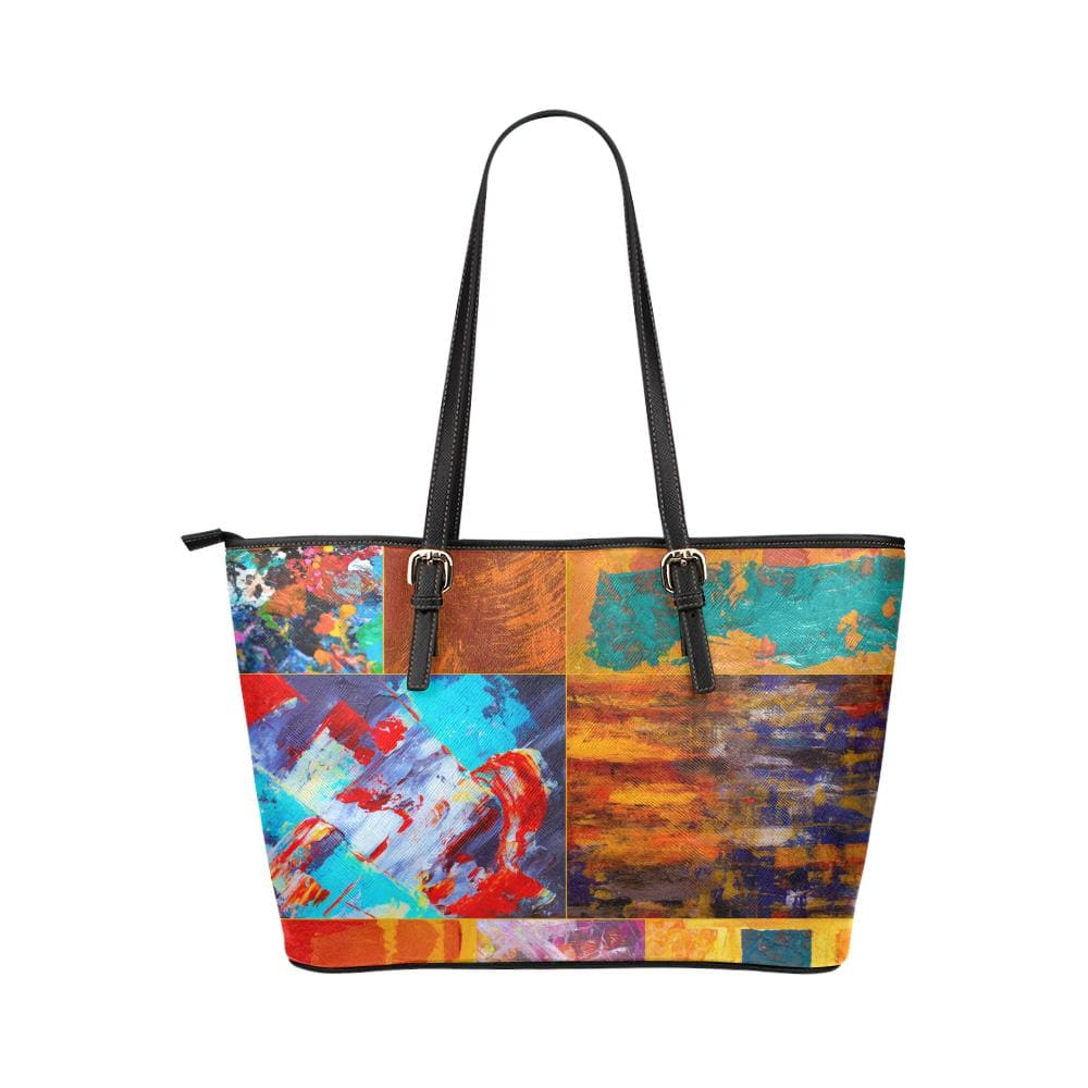 Large Leather Tote Shoulder Bag - Abstract Mixed Color Print Grey Coco