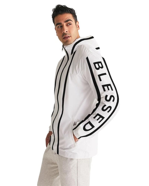 Mens Hooded Windbreaker - Blessed Sleeve Stripe White Water Resistant Grey Coco