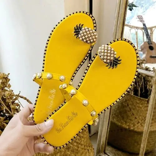 2021 Summer Beach Pineapple Flat Slippers for Ladies, Yellow Slides with Pineapple Detail