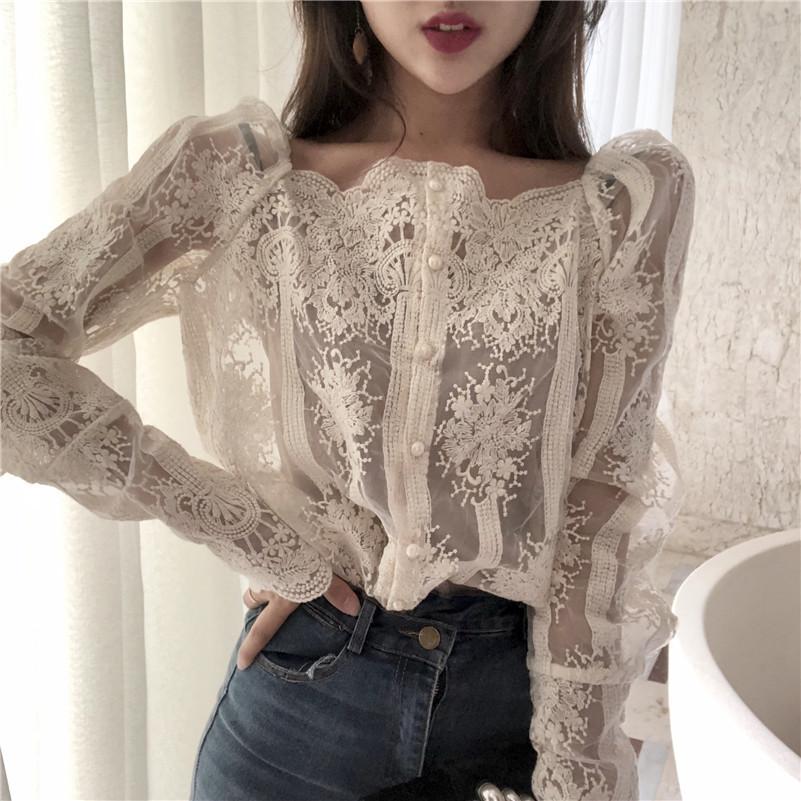 Mesh Pearls Shirts Strapless Lace Long Sleeve Gauze Stitching Blouse Lavender Coco