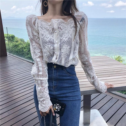 Mesh Pearls Shirts Strapless Lace Long Sleeve Gauze Stitching Blouse Lavender Coco