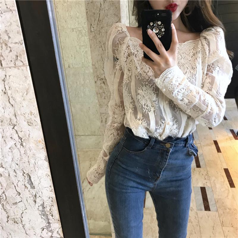 Mesh Pearls Shirts Strapless Lace Long Sleeve Gauze Stitching Blouse Lavender Coco