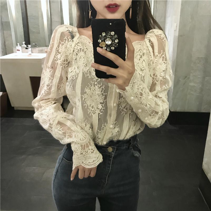 Mesh Pearls Shirts Strapless Lace Long Sleeve Gauze Stitching Blouse Lavender Coco