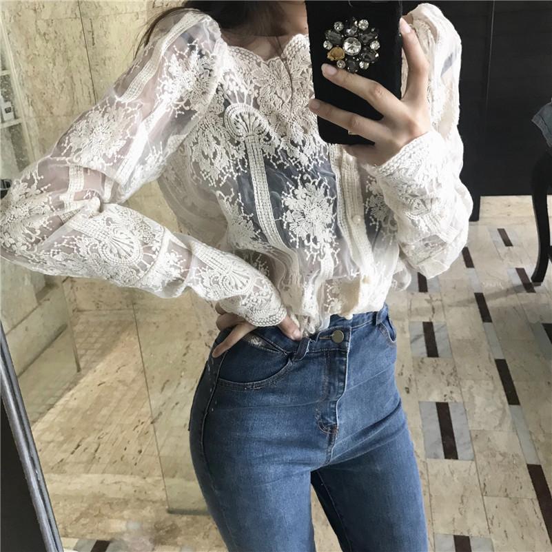 Mesh Pearls Shirts Strapless Lace Long Sleeve Gauze Stitching Blouse Lavender Coco